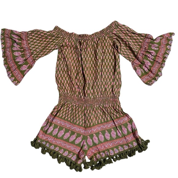 Anthropologie Raga Off-Shoulder Romper Green Pink Boho Pom-Pom Trim Size Small - Picture 11 of 15